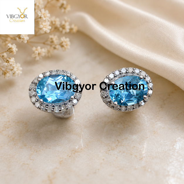 Blue Topaz Stud Earrings: 925 Silver Pave Diamond Jewelry