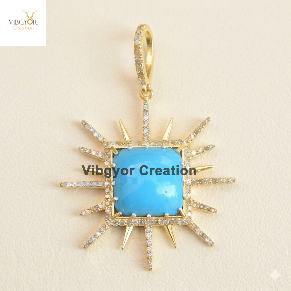Blue Turquoise Pendant 14k Gold Plated Silver Pave Diamond Necklace Jewelry