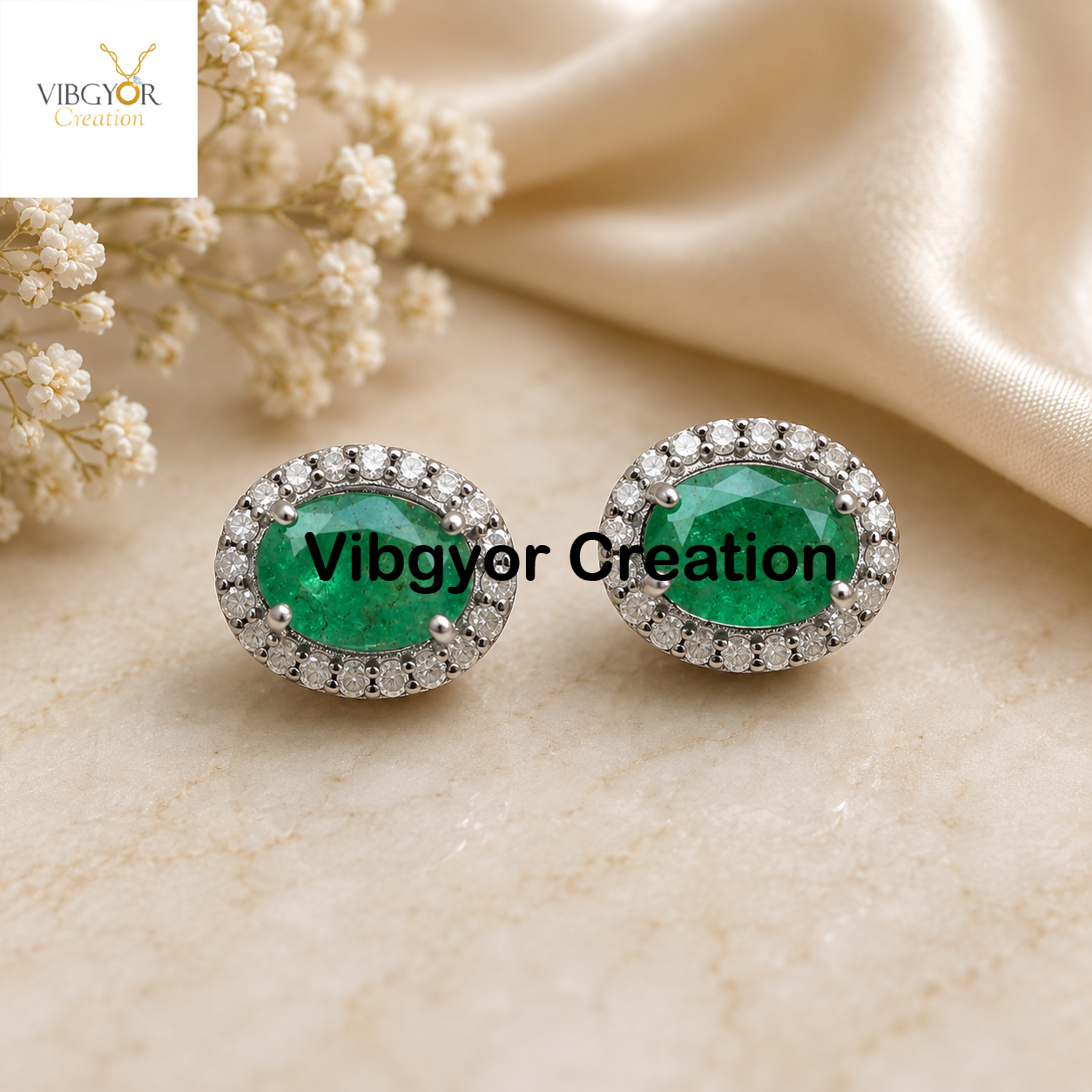 Handmade Emerald Gemstone Earrings Pave Diamond 925 Silver Studs Jewelry