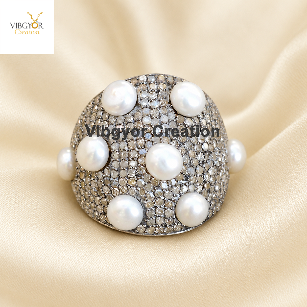 Handmade Pearl & Pave Diamond Ring 925 Sterling Silver Jewelry