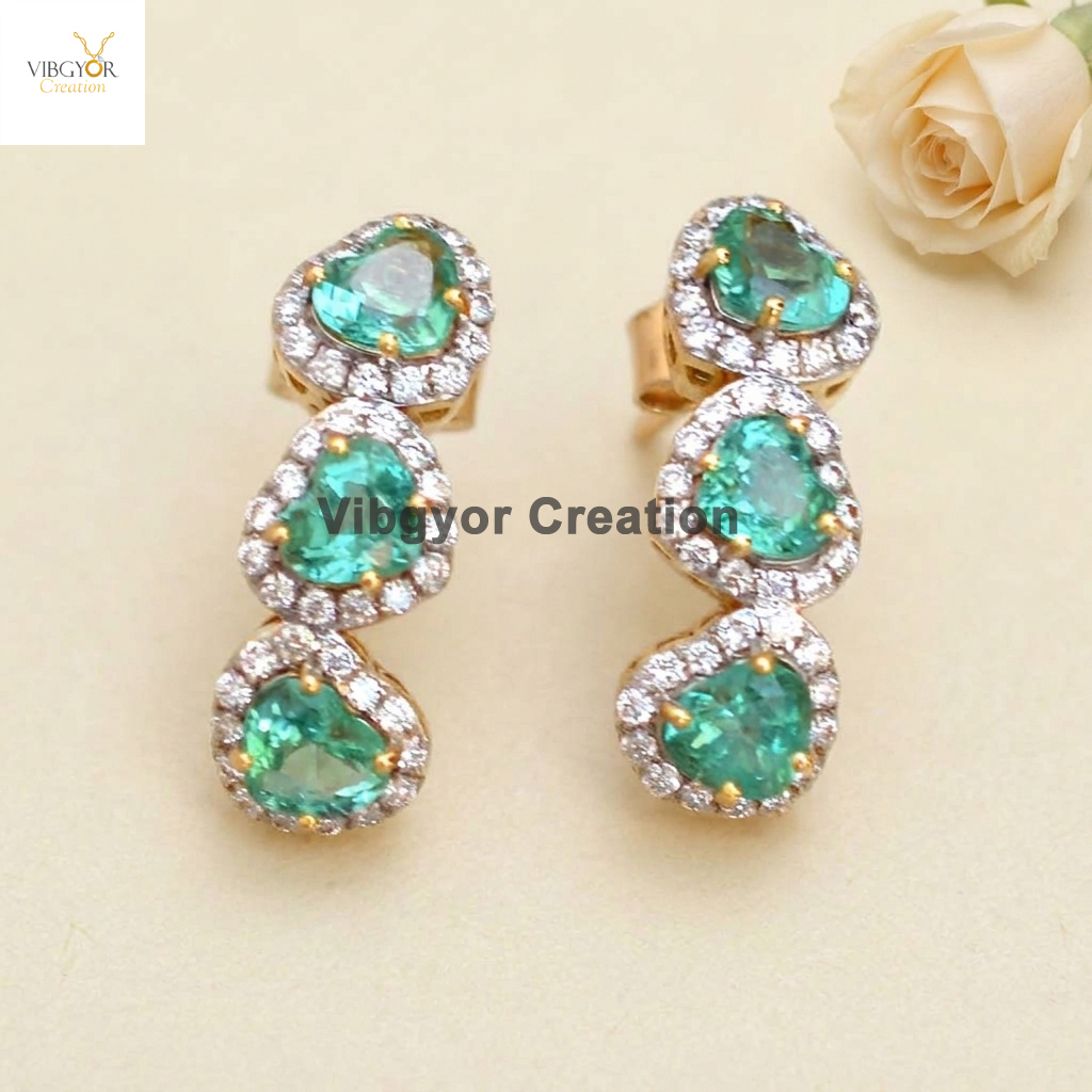 Heart Shape Emerald Diamond 14k Yellow Gold Stud Earrings Pave Gemstone Jewelry