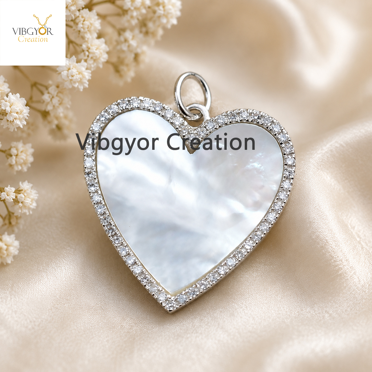 Mother of Pearl Heart Pendant: Pave Diamond, 14k White Gold