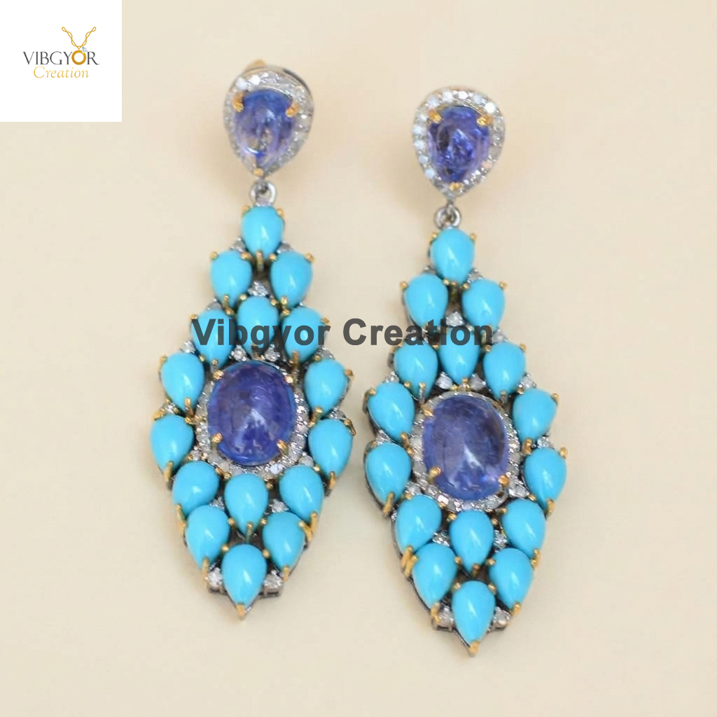 Tanzanite With Turquoise Earrings Pave Diamond Jewelry Solid 925 Silver Blue Gemstone